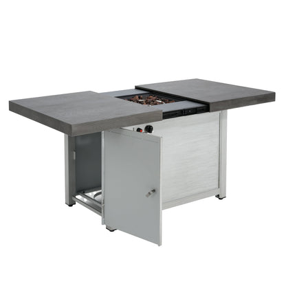 Extendable aluminum fire pit table HouseOfZazla with wood top and lava rocks on stainless base on Tampa Home & Garden Store