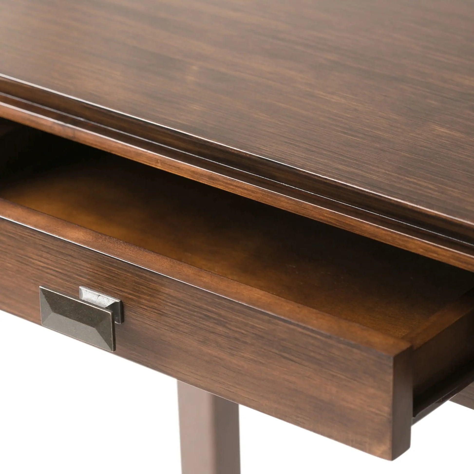Artisan handcrafted console sofa table in dark walnut finish with metal pulls on block legs on Tampa Home & Garden Store