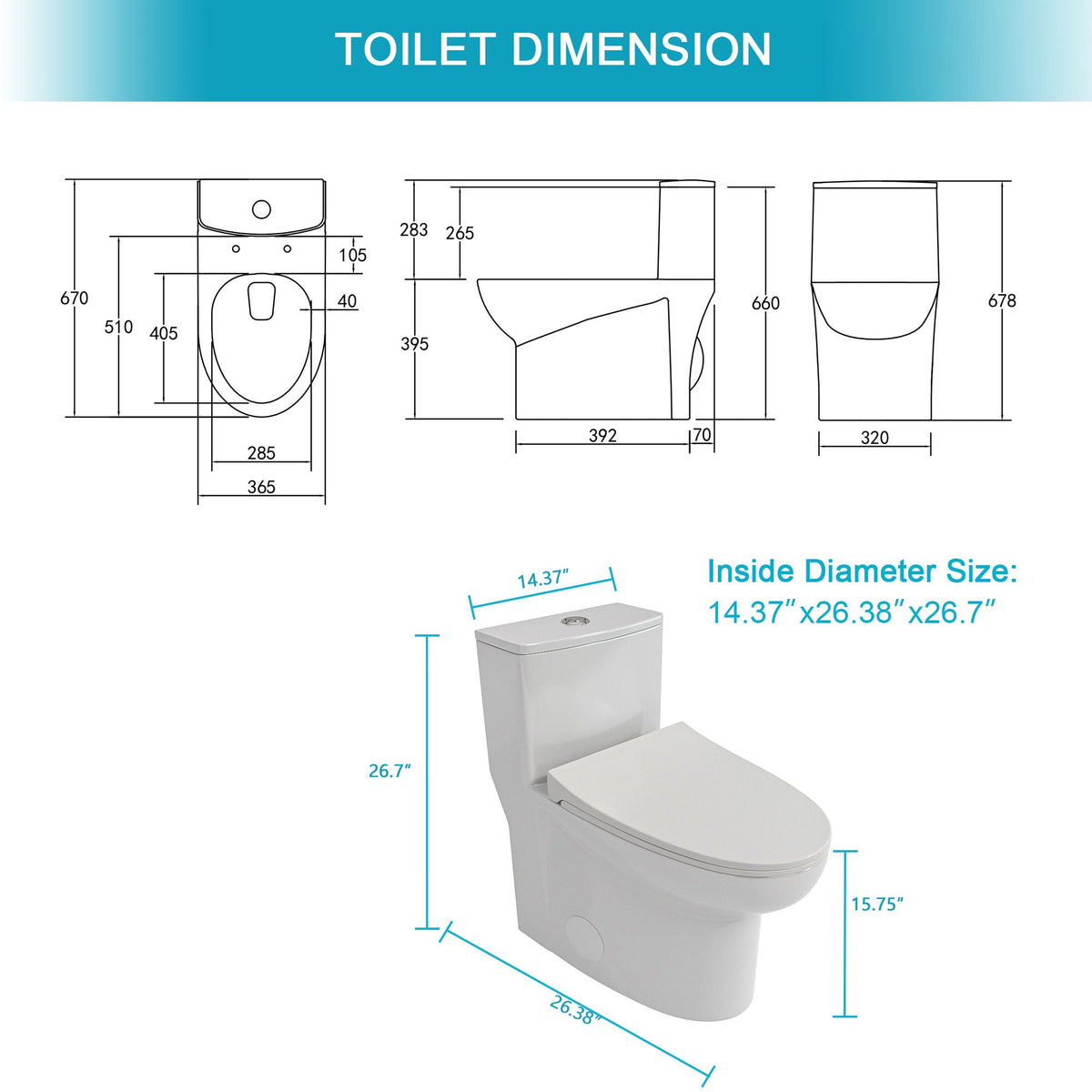 HouseOfZazla modern 1-piece toilet with dual flush and soft-close seat, white, dimension diagram on Tampa Home & Garden Store