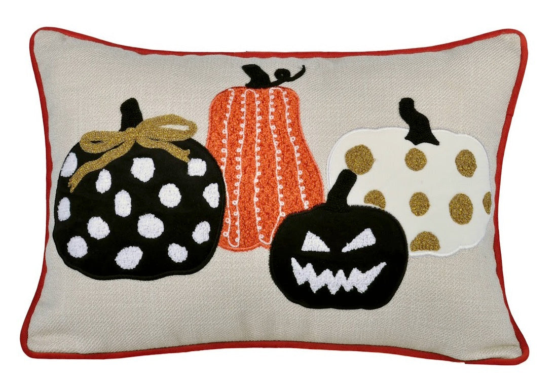 Embroidered Halloween pumpkin throw pillow with four pumpkins in black white on linen on Tampa Home & Garden Store