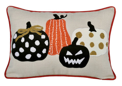 Embroidered Halloween pumpkin throw pillow with four pumpkins in black white on linen on Tampa Home & Garden Store