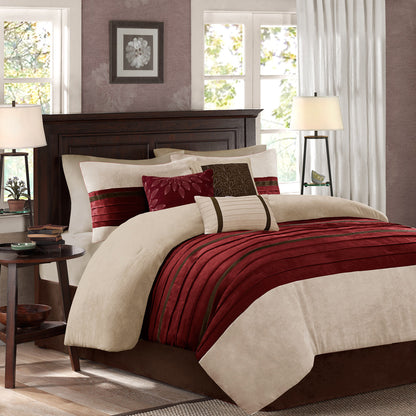 7 PC Pieced Faux Suede Comforter Set Red Cal King by HouseOfZazla with beige panels and stripes on Tampa Home & Garden Store