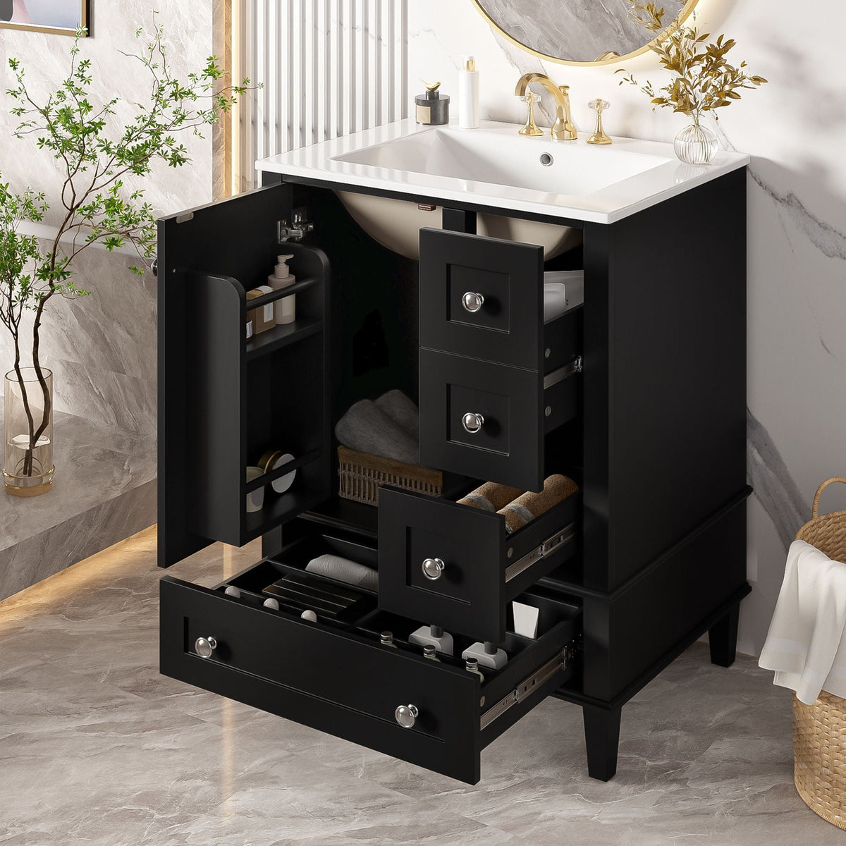 Bathroom vanity with integrated basin in black with white top and open soft-close drawers on Tampa Home & Garden Store