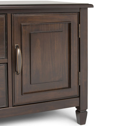 Sturdy solid wood TV stand with wide storage, dark espresso finish, raised-panel cabinet doors on Tampa Home & Garden Store