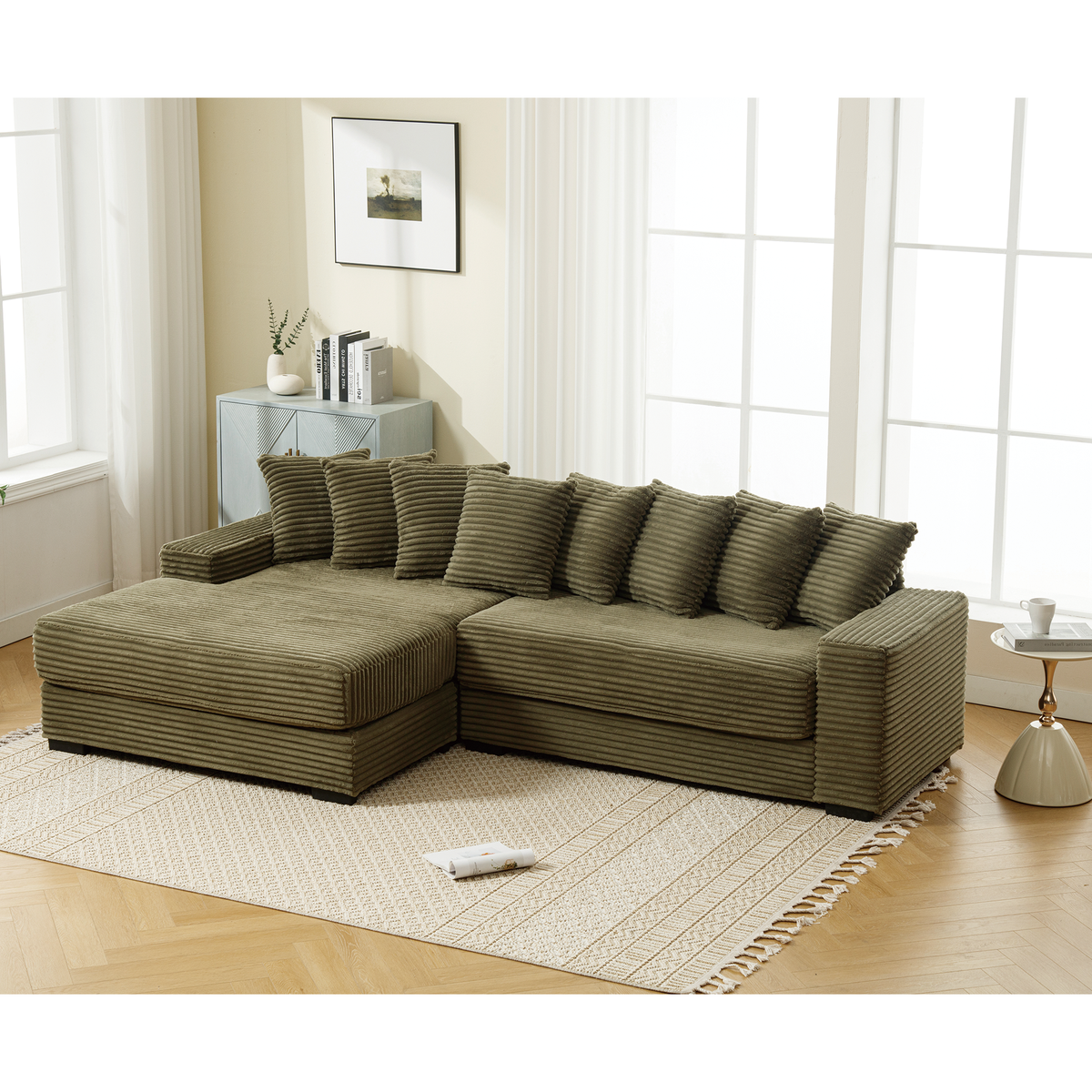 Oversized two-piece corduroy sofa with left chaise daybed in olive brown, living room scene on Tampa Home & Garden Store