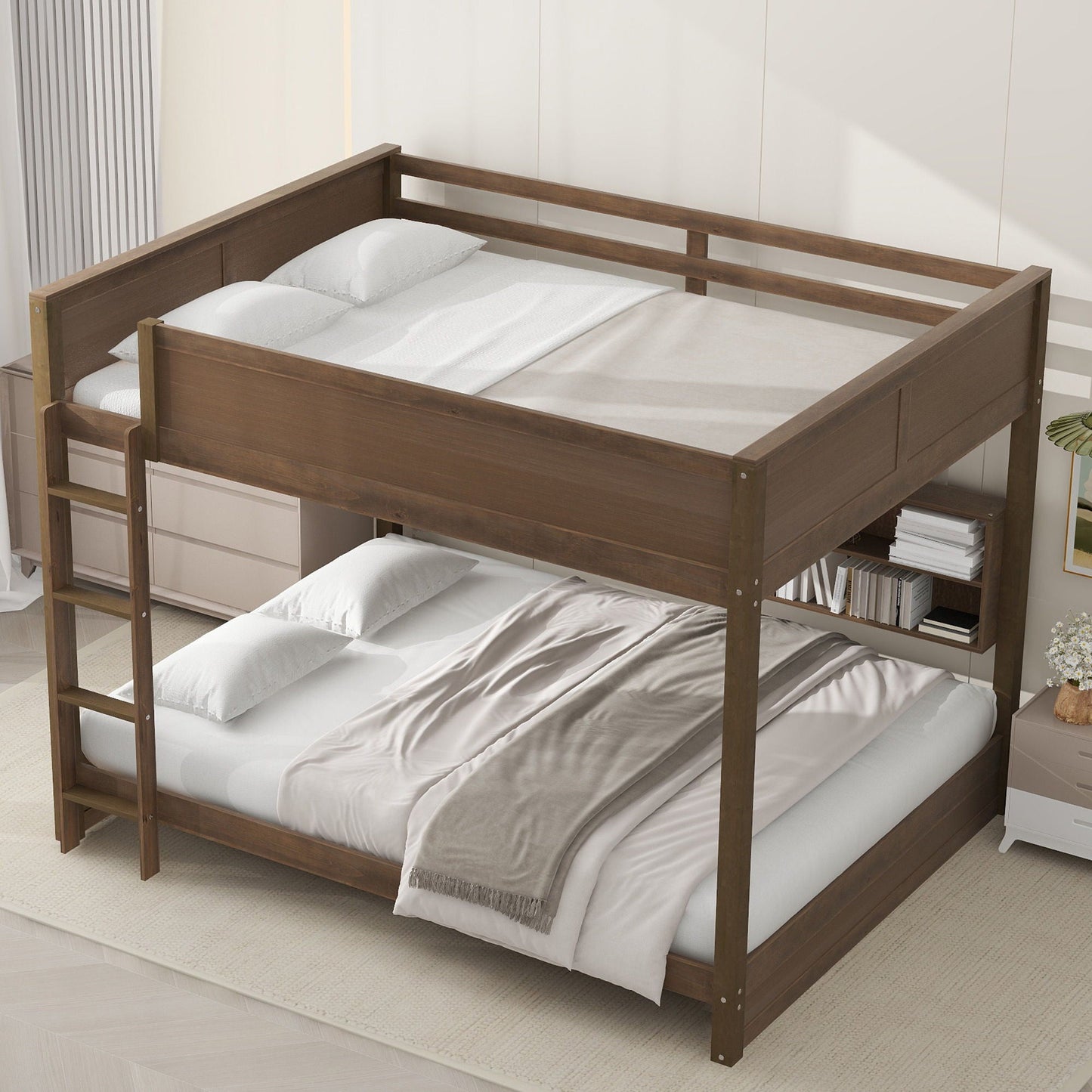 Bunk bed in brown wood with two twin beds and built-in storage; ladder on left on Tampa Home & Garden Store