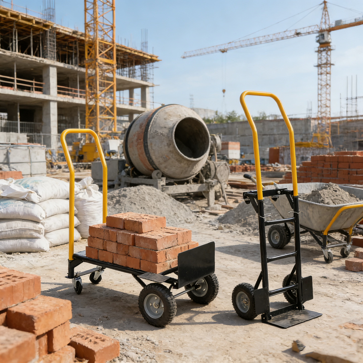 Heavy duty dual purpose hand truck dolly cart with yellow frame and black platform at a construction site on Tampa Home & Garden Store