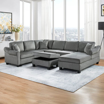 Contemporary grey fabric U-shaped sectional sofa with two storage ottomans on Tampa Home & Garden Store