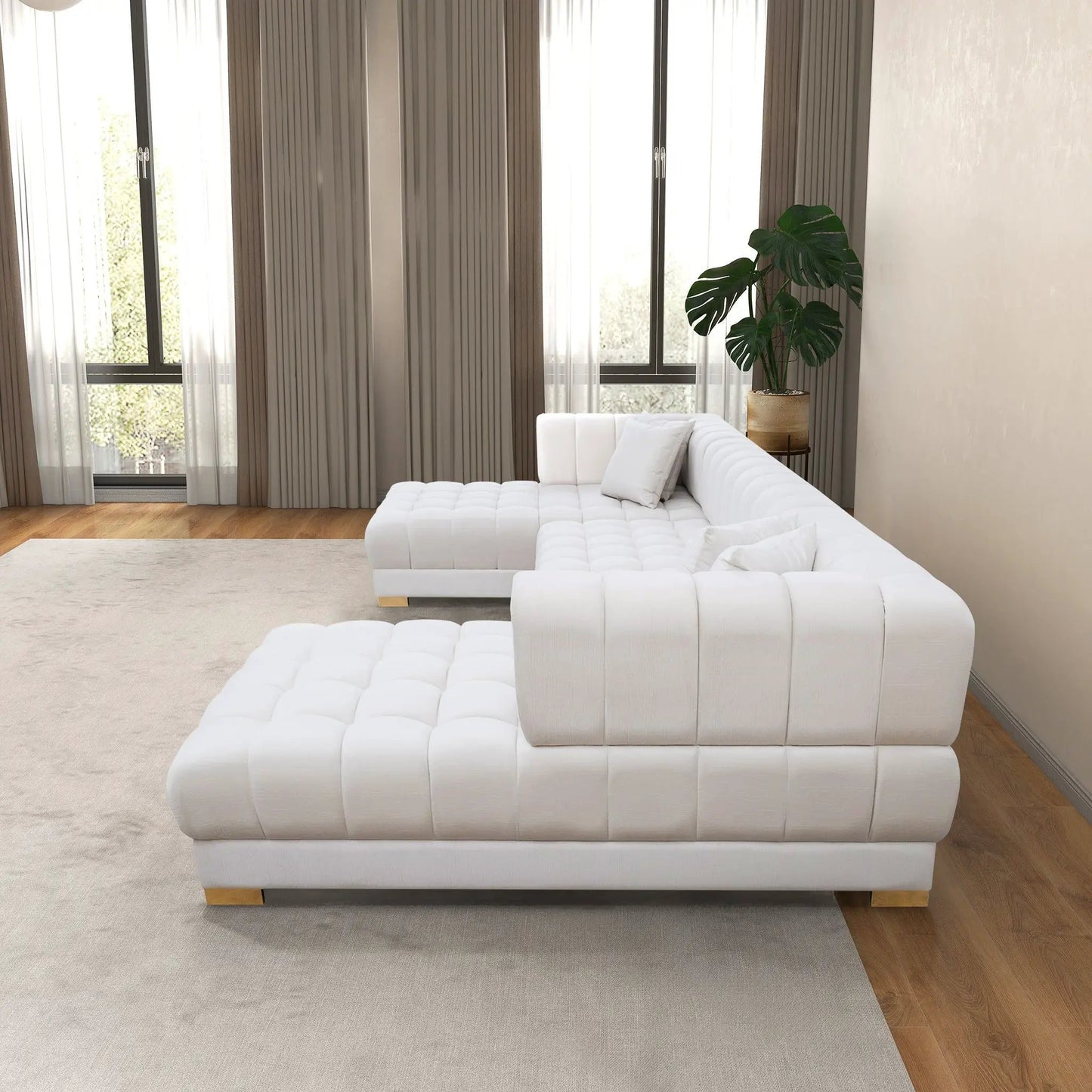 Marlow U-shaped corner sofa in white fabric with tufted cushions; stationary sectional on Tampa Home & Garden Store