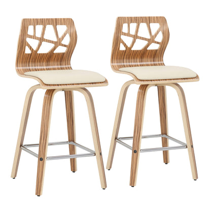 Folia mid-century modern counter stools set of 2 with wood-grain plywood frames and cream cushions on Tampa Home & Garden Store