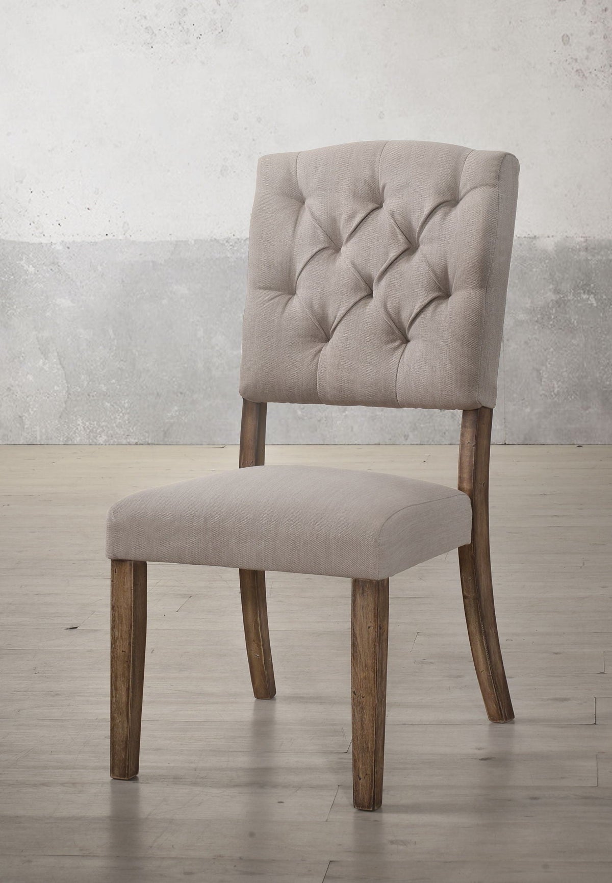 Weathered Side Chair with Button Tufting in taupe fabric and wooden legs HouseOfZazla on Tampa Home & Garden Store