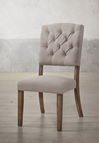 Weathered Side Chair with Button Tufting in taupe fabric and wooden legs HouseOfZazla on Tampa Home & Garden Store