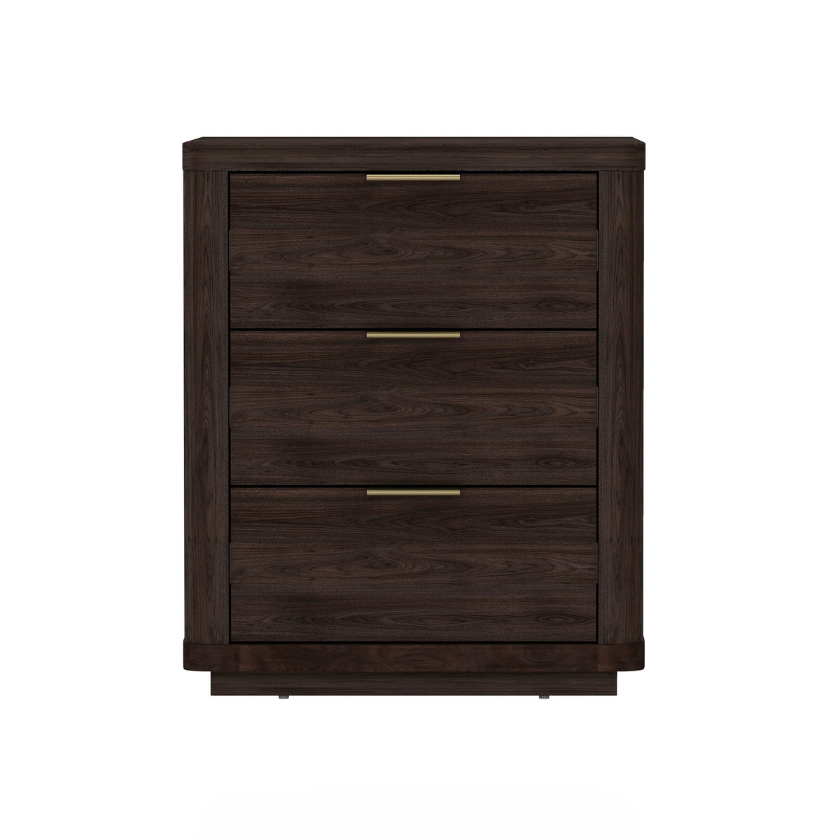 Nightstand with 3 drawers in dark walnut finish smooth rounded edges brass bar pulls on Tampa Home & Garden Store