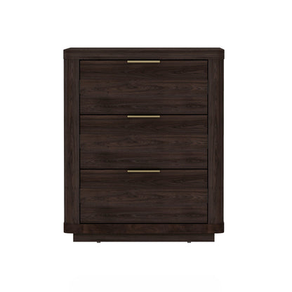 Nightstand with 3 drawers in dark walnut finish smooth rounded edges brass bar pulls on Tampa Home & Garden Store