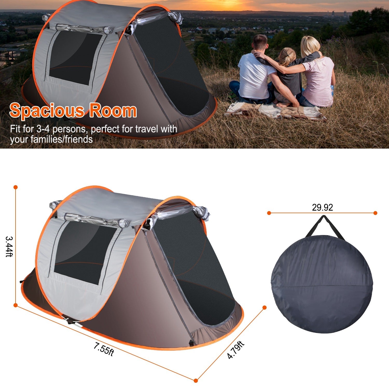 GemGear 3-4 Person Pop-Up Tent automatic setup, waterproof grey/orange with 2 mosquito-net windows on Tampa Home & Garden Store