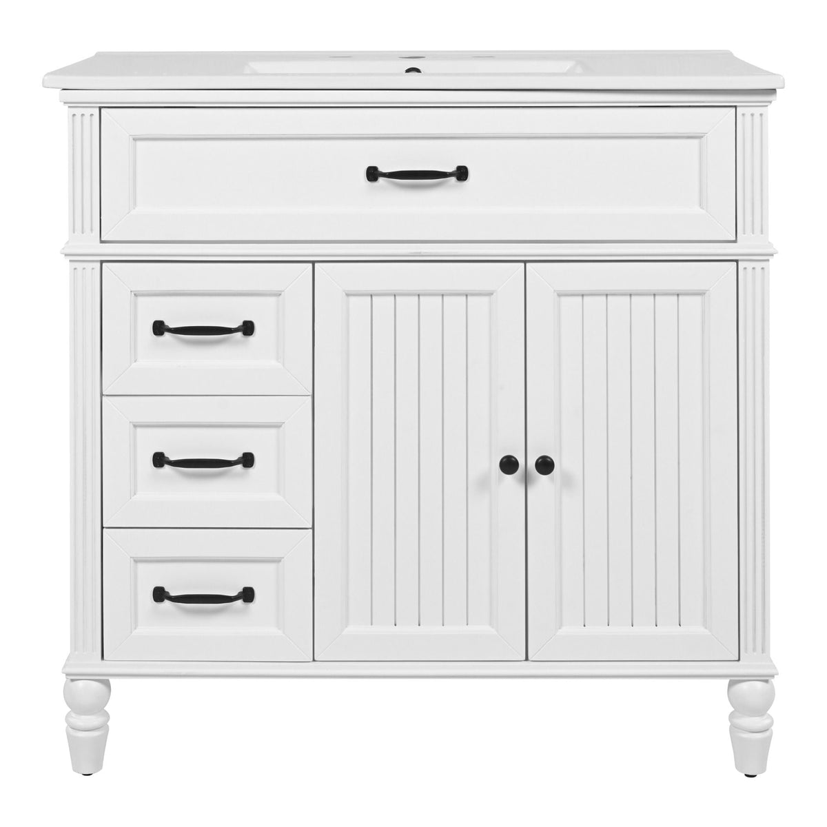 White freestanding bathroom vanity with sink, left drawers and right doors, black hardware on Tampa Home & Garden Store