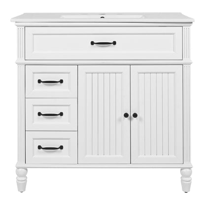 White freestanding bathroom vanity with sink, left drawers and right doors, black hardware on Tampa Home & Garden Store