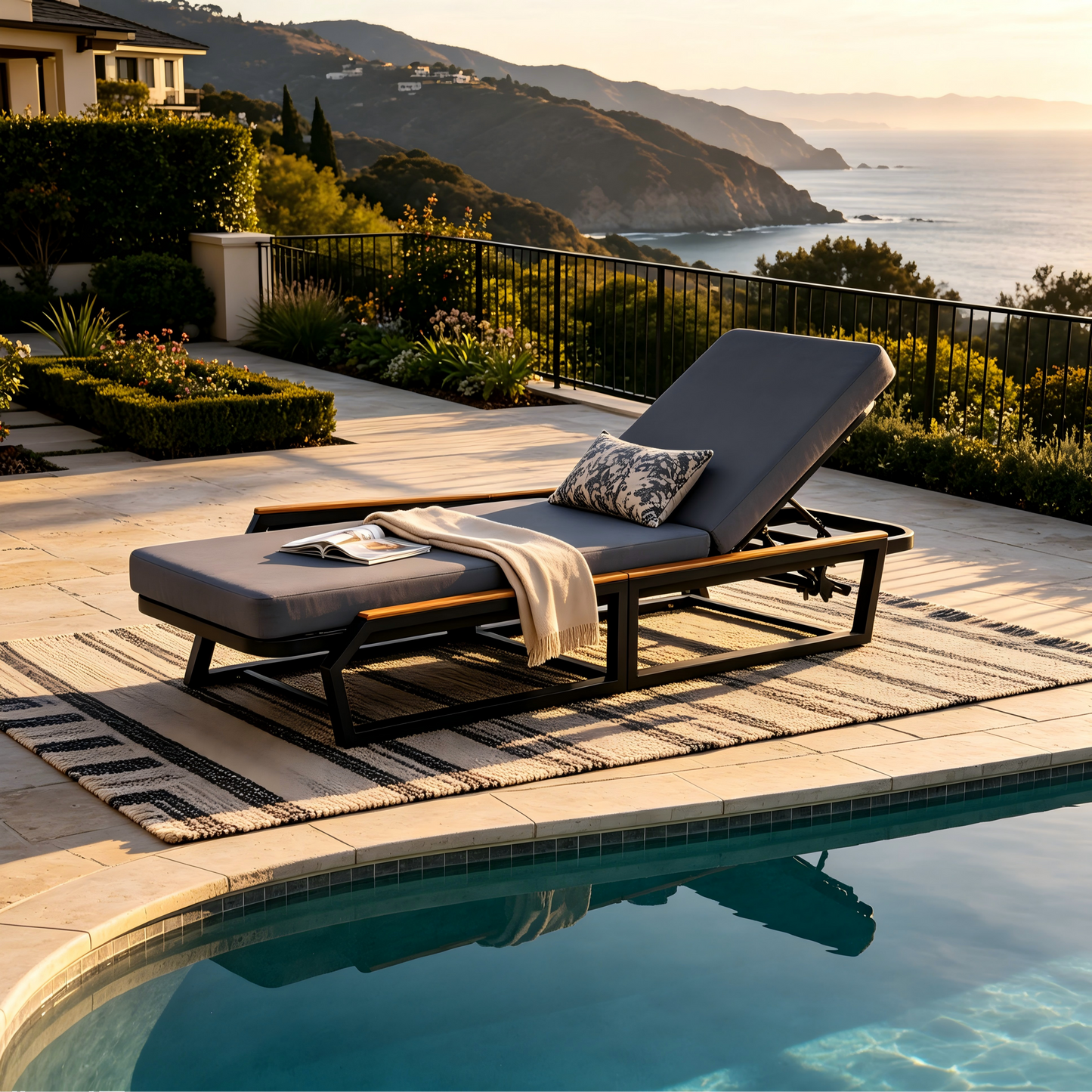 Adjustable Outdoor Chaise With A Wood Frame