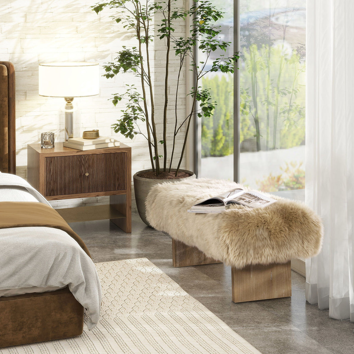 Natural blonde sheepskin fur rectangular accent bench with plush upholstery HouseOfZazla on Tampa Home & Garden Store