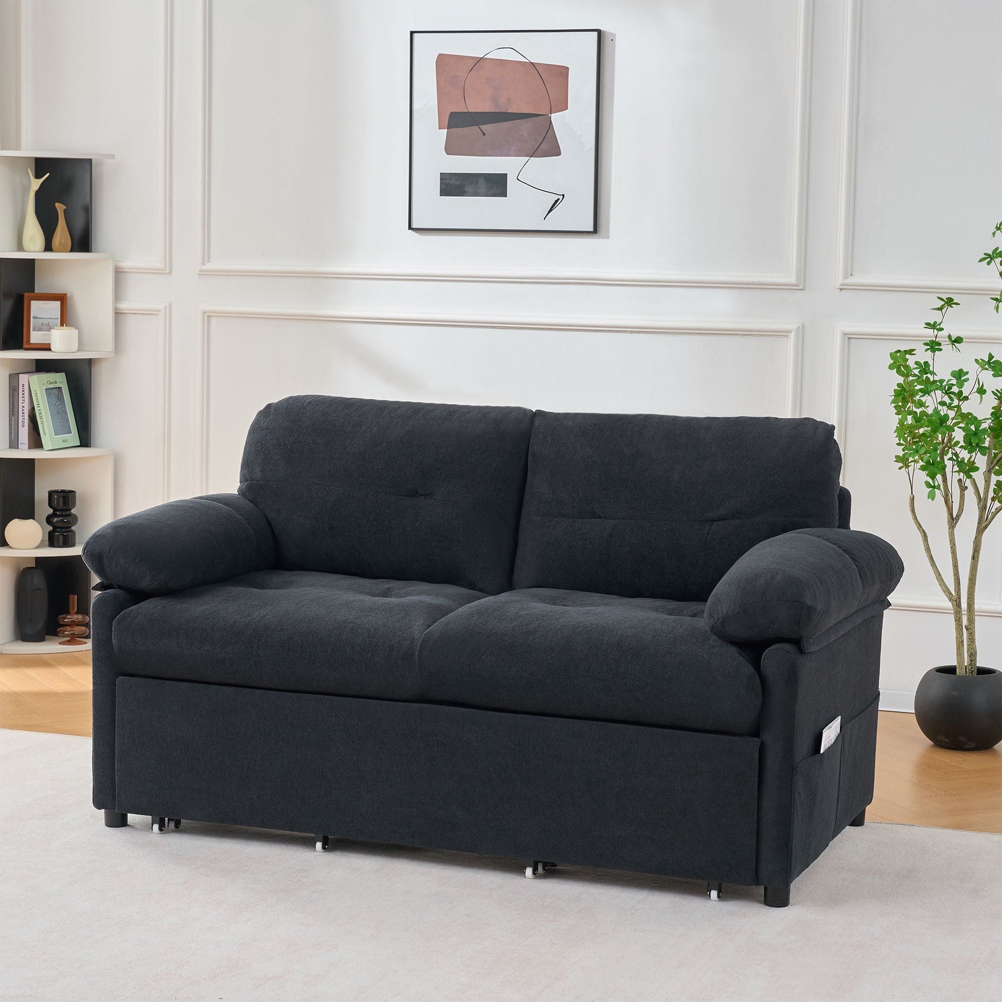HouseOfZazla Convertible Pull-Out Sofa Bed, queen size, dark charcoal fabric with side storage on Tampa Home & Garden Store