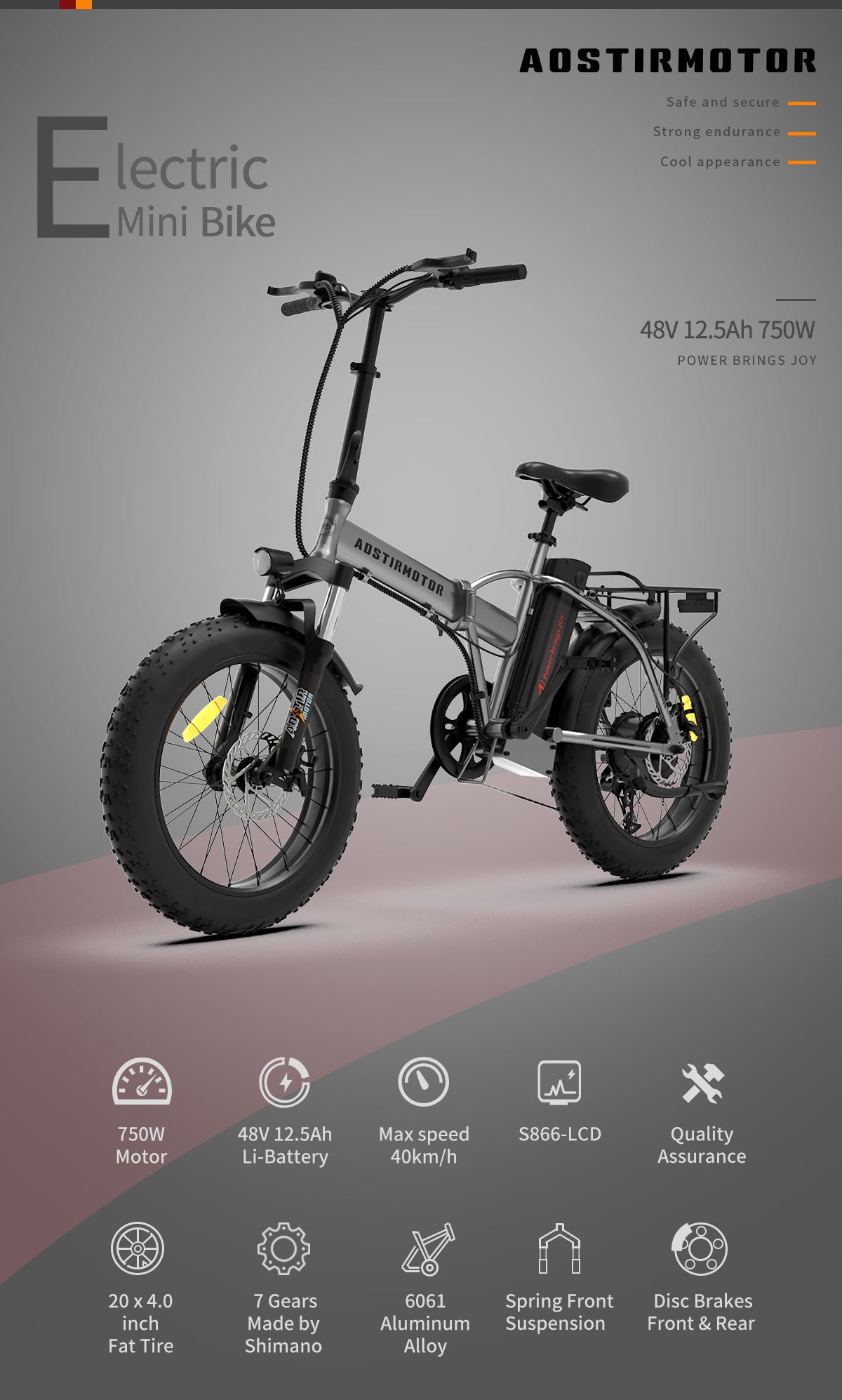 Foldable electric fat-tire bike 20 inch with dual discs, AOSTIRMOTOR, 48V 12.5Ah Li-Battery on Tampa Home & Garden Store