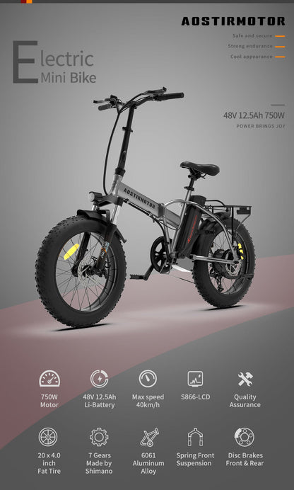 Foldable electric fat-tire bike 20 inch with dual discs, AOSTIRMOTOR, 48V 12.5Ah Li-Battery on Tampa Home & Garden Store