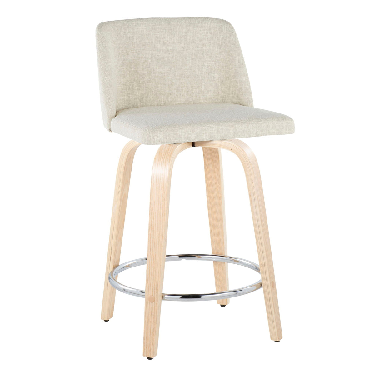 Contemporary fixed-height counter stool set with swivel, beige linen upholstery and natural wood legs on Tampa Home & Garden Store