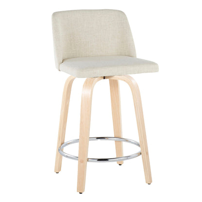 Contemporary fixed-height counter stool set with swivel, beige linen upholstery and natural wood legs on Tampa Home & Garden Store