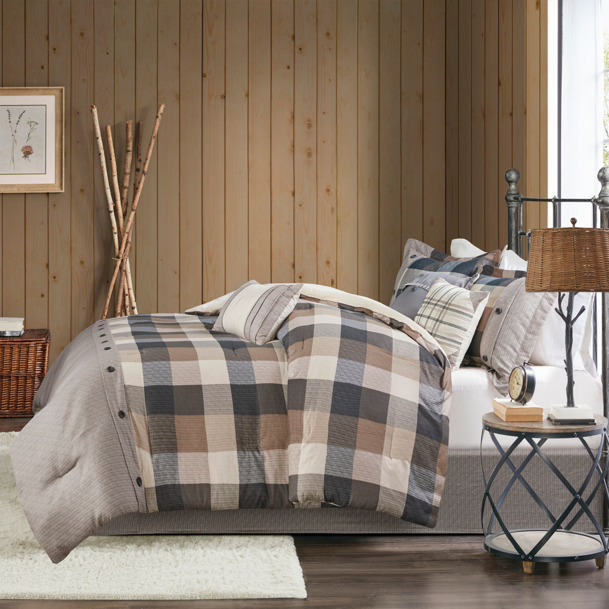 7 Piece Herringbone Comforter Set Neutral Queen by HouseOfZazla on bed with plaid tones on Tampa Home & Garden Store