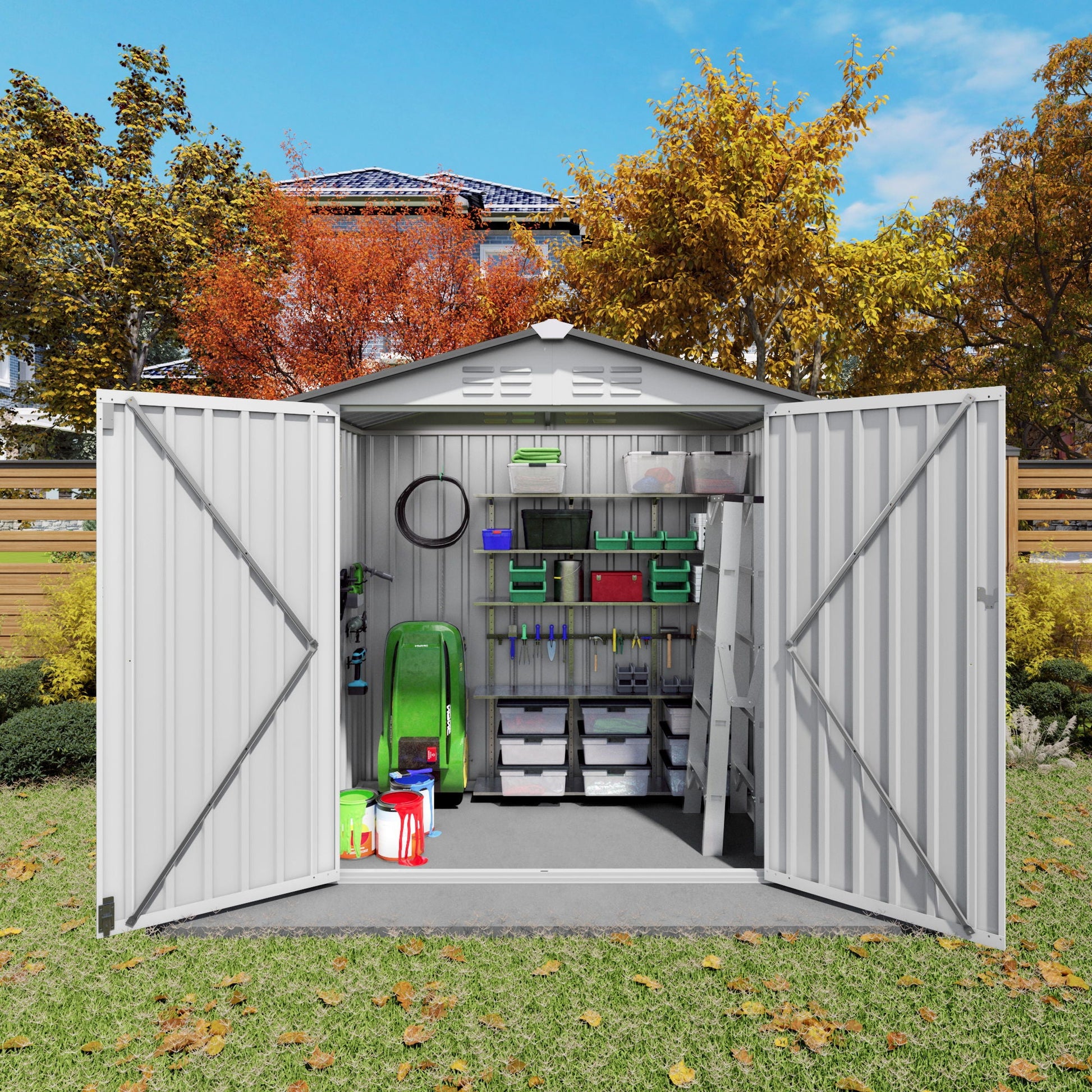 Garden tool shed metal shed with peaked roof and lockable door, interior shelves with bins on Tampa Home & Garden Store