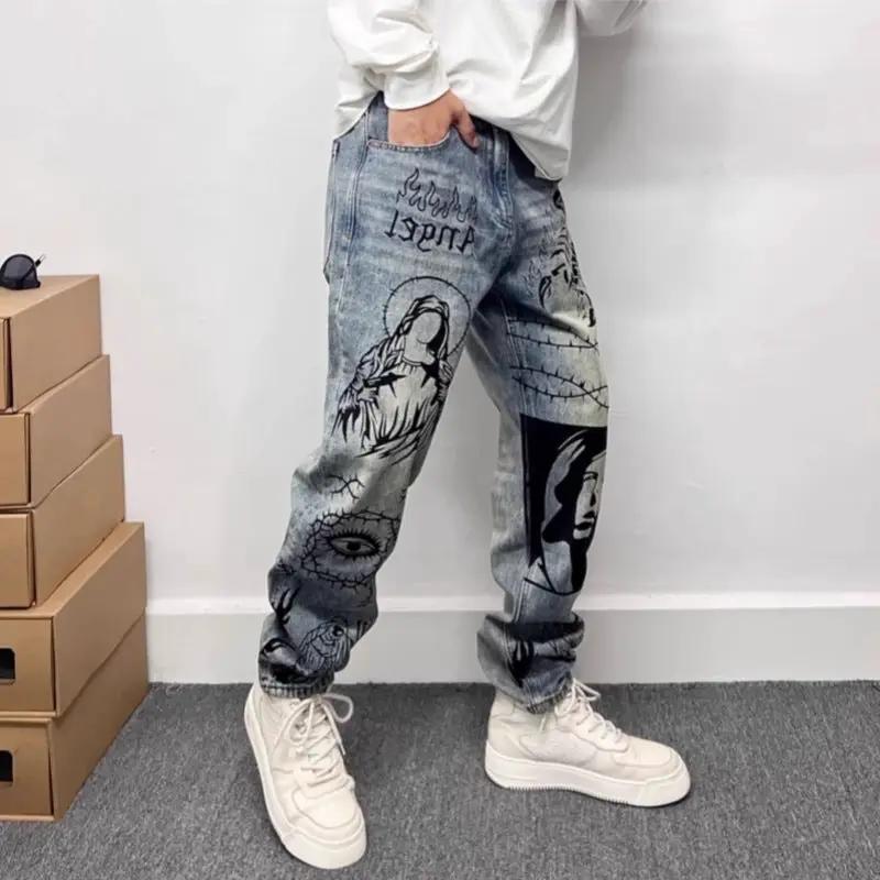 Jeans Retro blue graffiti-print denim by FLIPSTYLEZLLC with bold mural graphics and light wash on Tampa Home & Garden Store