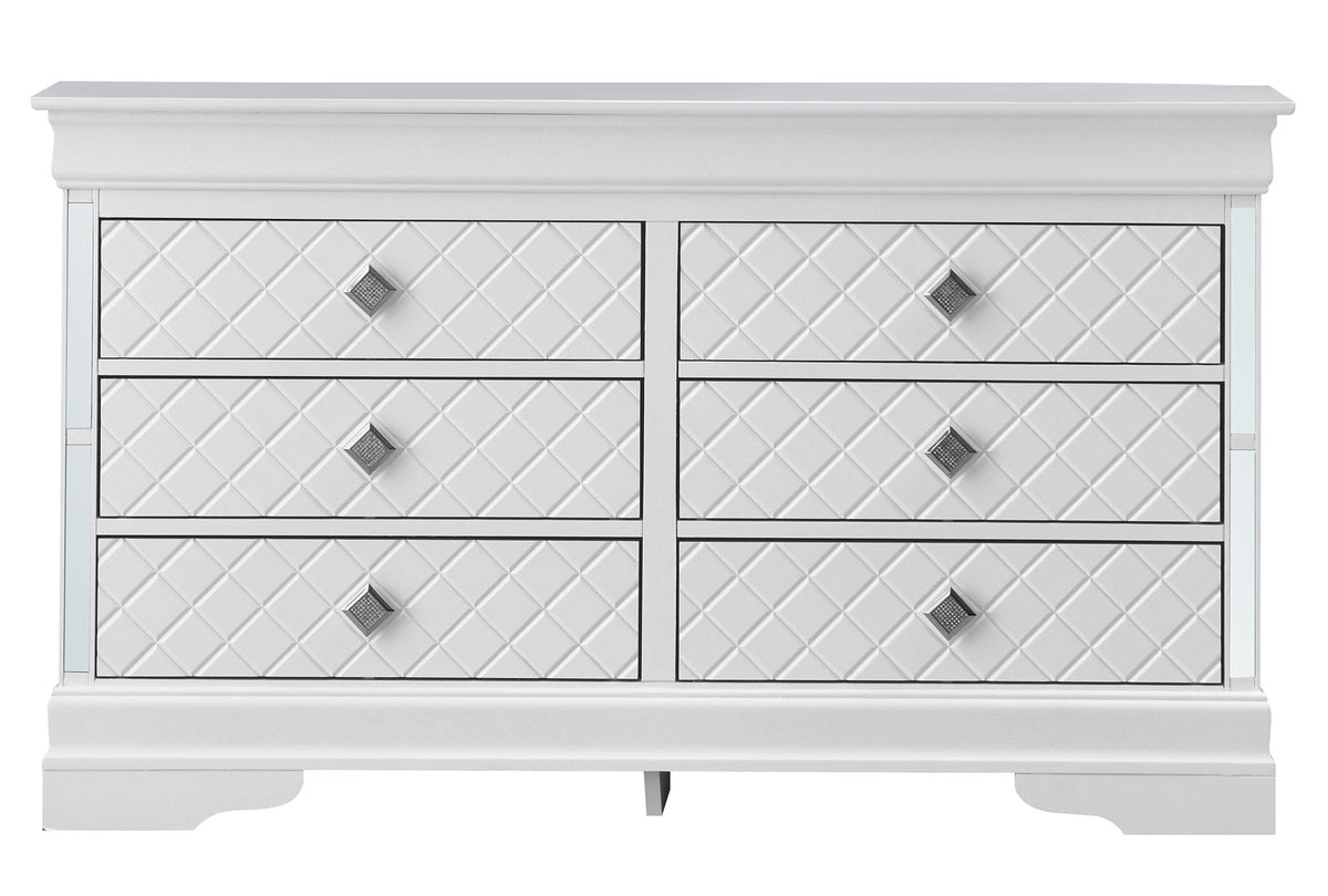 Silver champagne Verona dresser with diamond fronts and crystal knobs, eight-drawer unit on Tampa Home & Garden Store