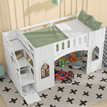 White loft bed with storage staircase and windowed panels, green bedding and play area below on Tampa Home & Garden Store