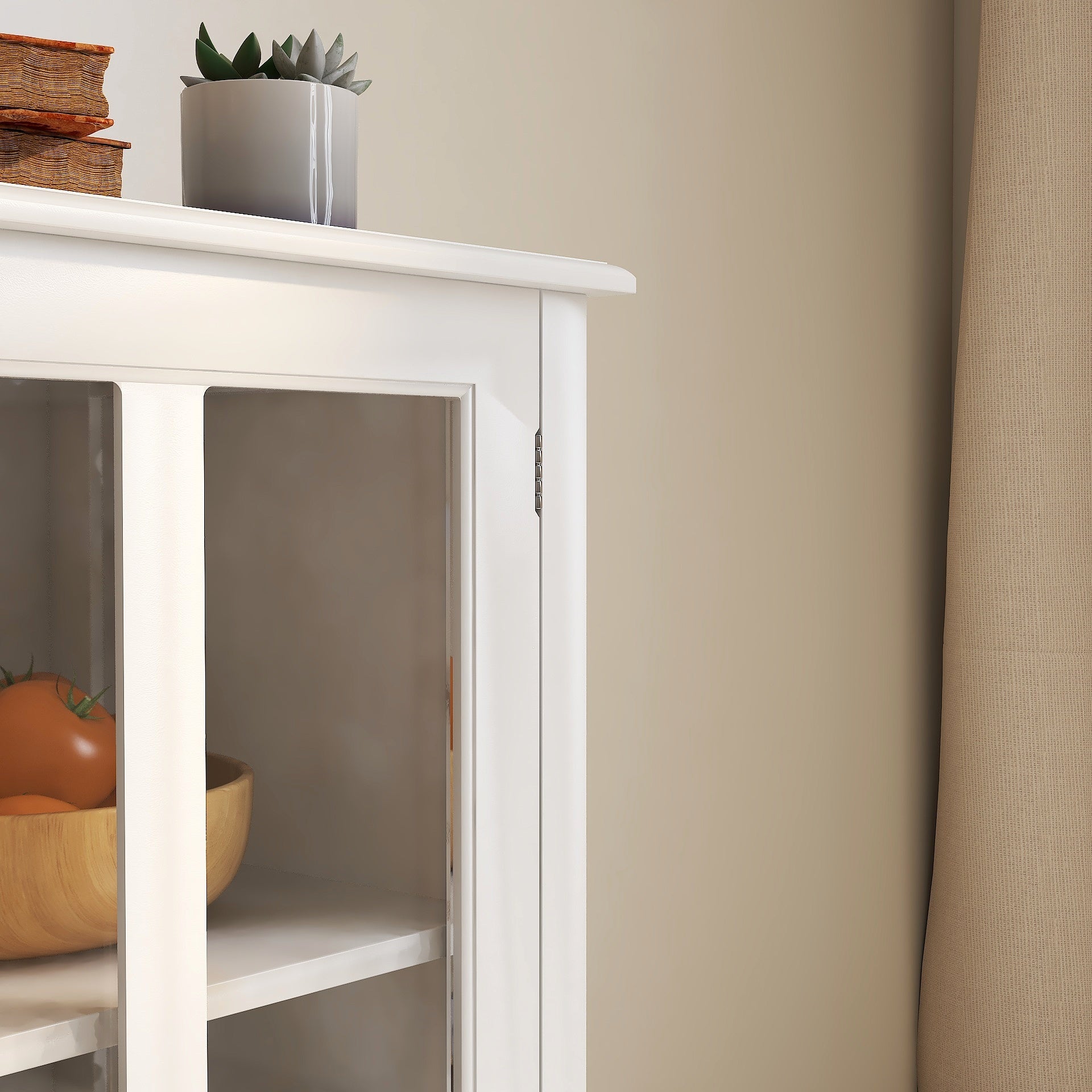 Buffet storage cabinet with double glass doors, white finish with plant and baskets on Tampa Home & Garden Store