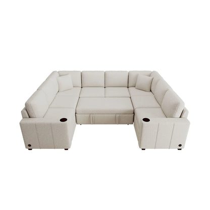 Convertible U-shaped sectional sofa beige fabric with pull-out bed, 2-piece set on Tampa Home & Garden Store