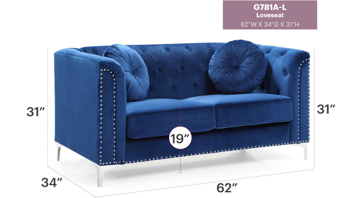 HouseOfZazla blue micro suede sloped-arm loveseat with tufted back and nailhead trim on Tampa Home & Garden Store