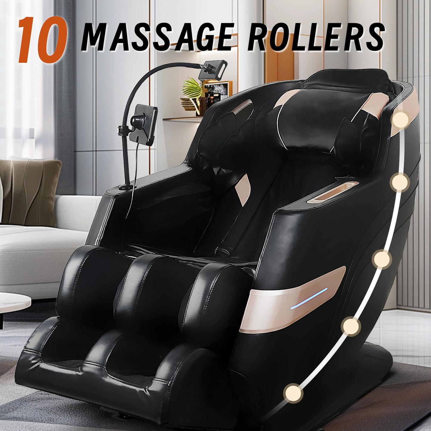Massage chair recliner in black leather with tan accents and Bluetooth speakers on Tampa Home & Garden Store