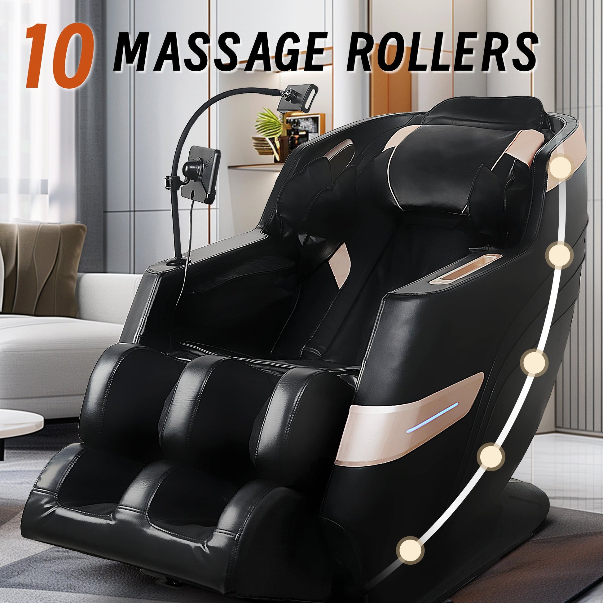 Massage chair recliner in black leather with tan accents and Bluetooth speakers on Tampa Home & Garden Store