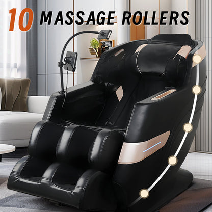 Massage chair recliner in black leather with tan accents and Bluetooth speakers on Tampa Home & Garden Store