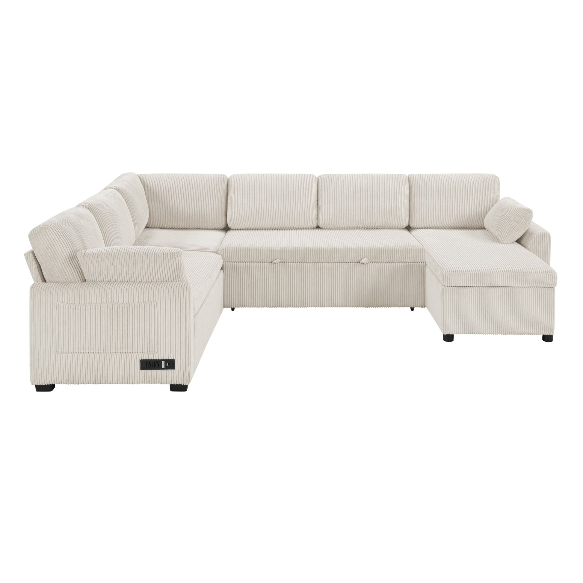Convertible U-shaped sectional sofa bed in beige corduroy fabric with reversible chaise on Tampa Home & Garden Store