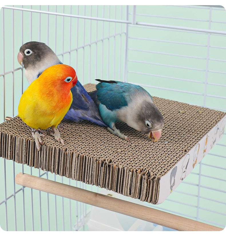Parrot Toys Chinese Layer Pie pet bed with cardboard perch; three colorful parrots in a cage on Tampa Home & Garden Store