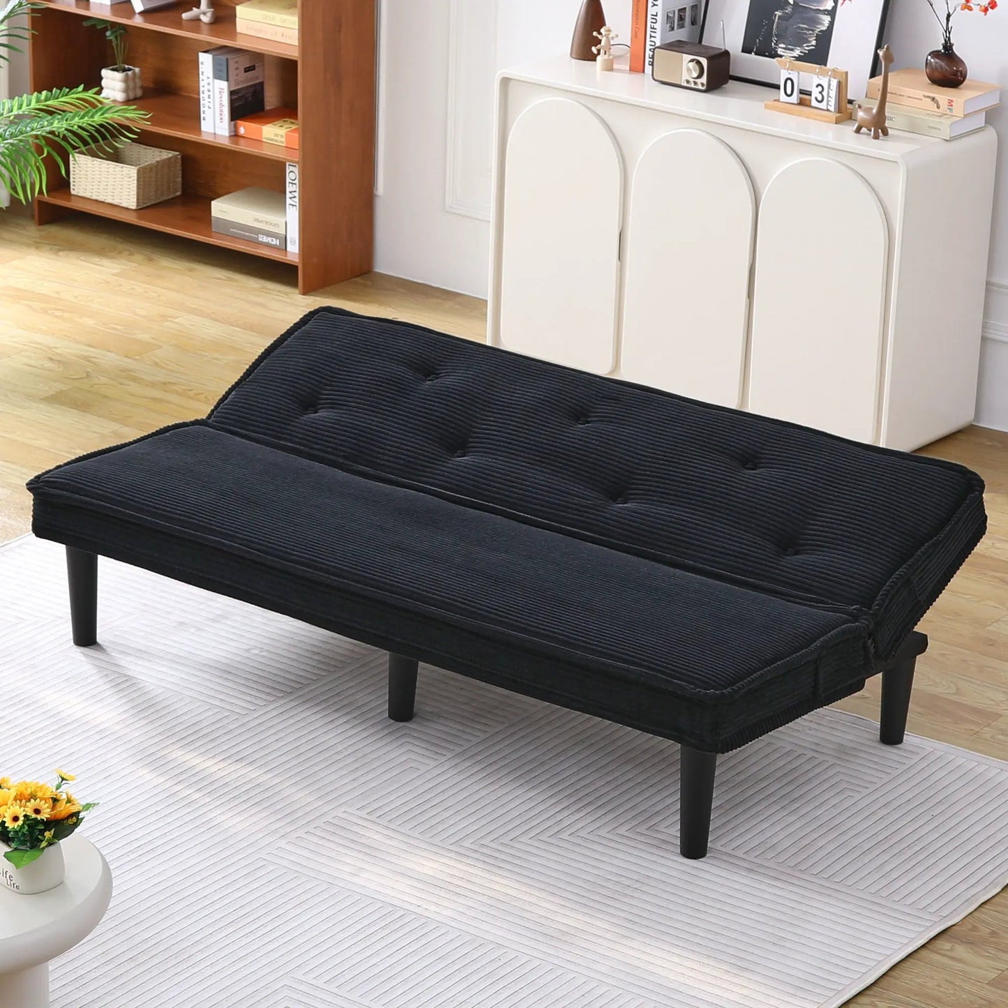 Versatile Sofa Bed With Solid Wood Frame in black fabric upholstery, futon sofa on Tampa Home & Garden Store