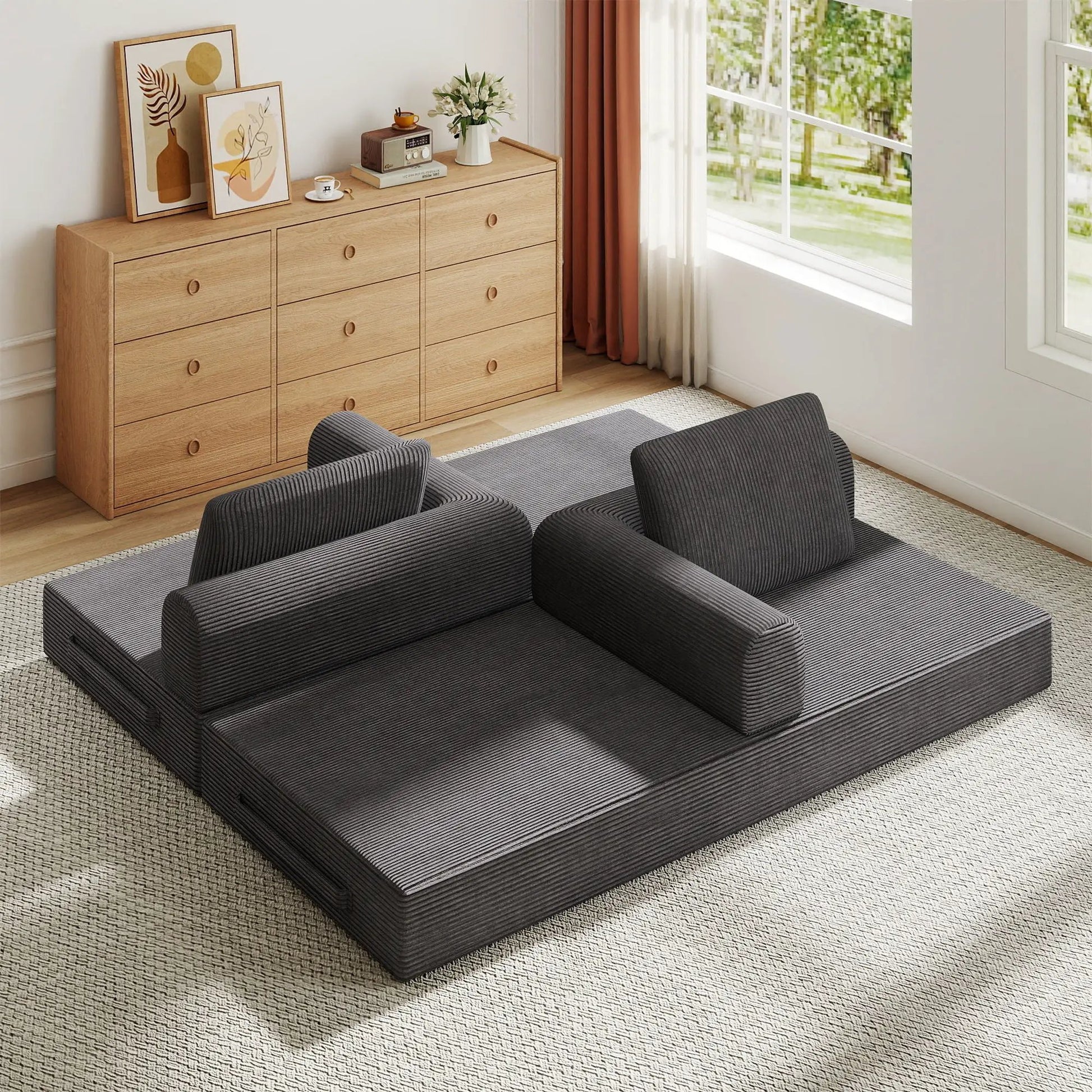 Convertible sleeper sofa bed with cylindrical pillow in ribbed fabric fixed shape frame on Tampa Home & Garden Store