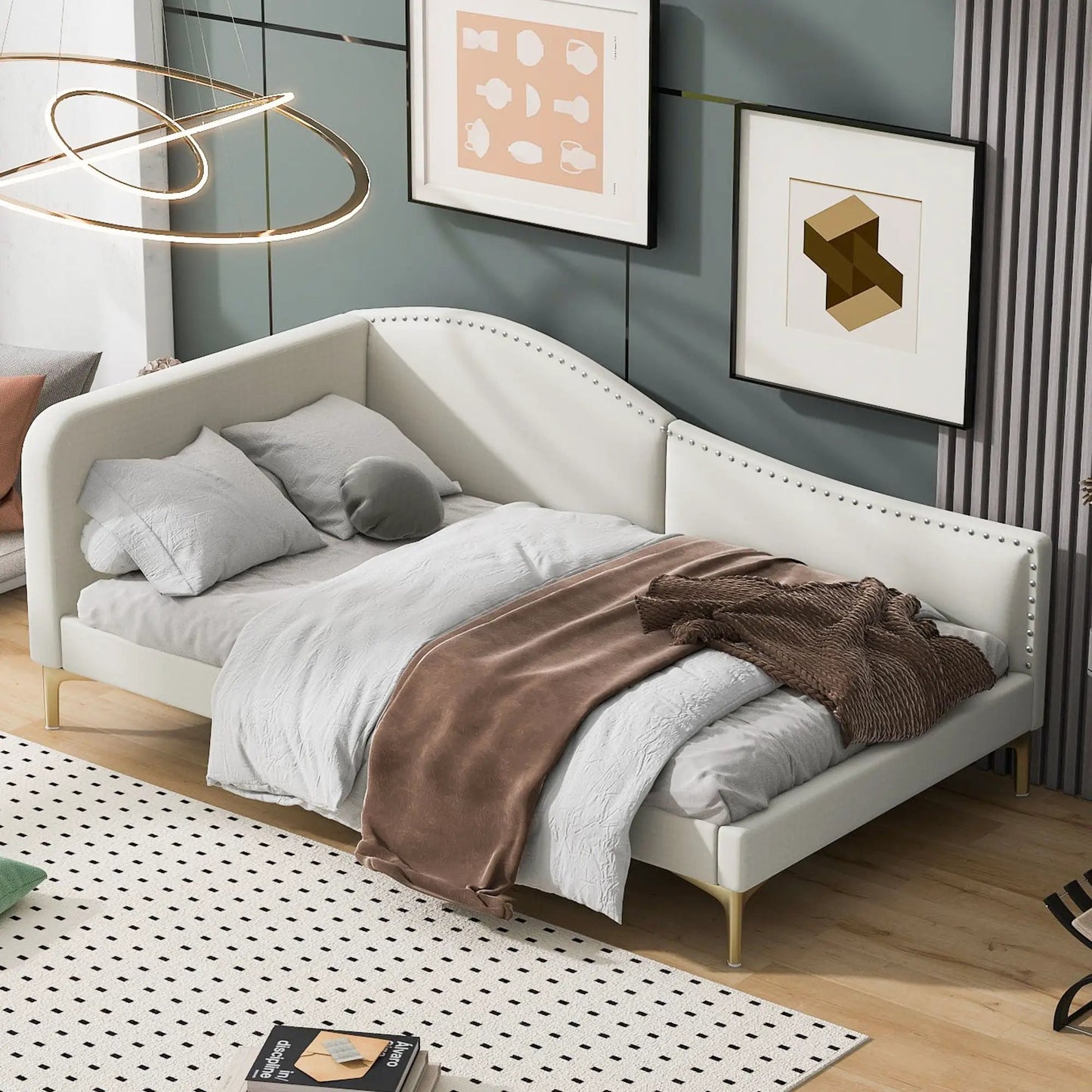 Upholstered Daybed with Headboard and Armrest