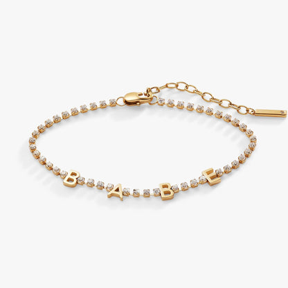 Babe Crystal Tennis Bracelet by ALEX AND ANI in gold-tone with clear crystals and BABE letter charms on Tampa Home & Garden Store