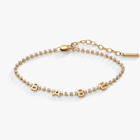 Babe Crystal Tennis Bracelet by ALEX AND ANI in gold-tone with clear crystals and BABE letter charms on Tampa Home & Garden Store