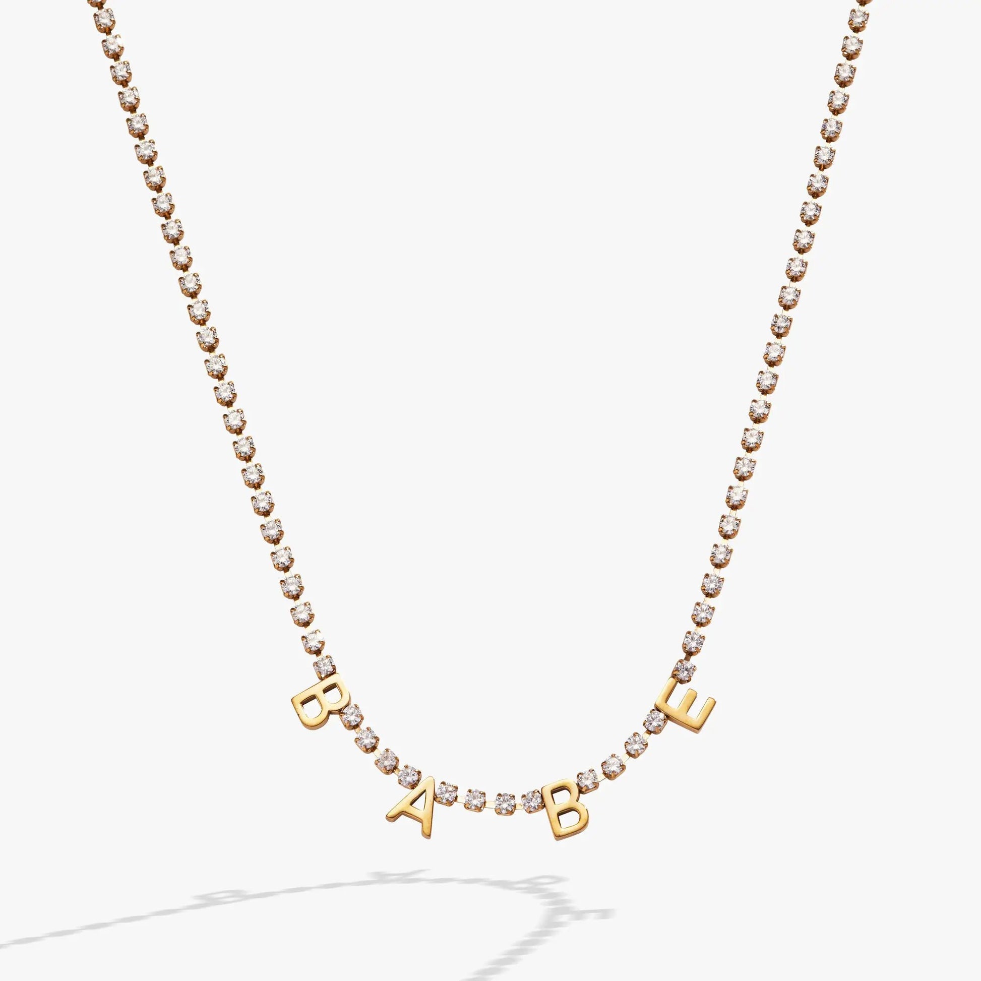 Babe Crystal Tennis Necklace by ALEX AND ANI in gold-tone with pave crystals and BABE charms on Tampa Home & Garden Store