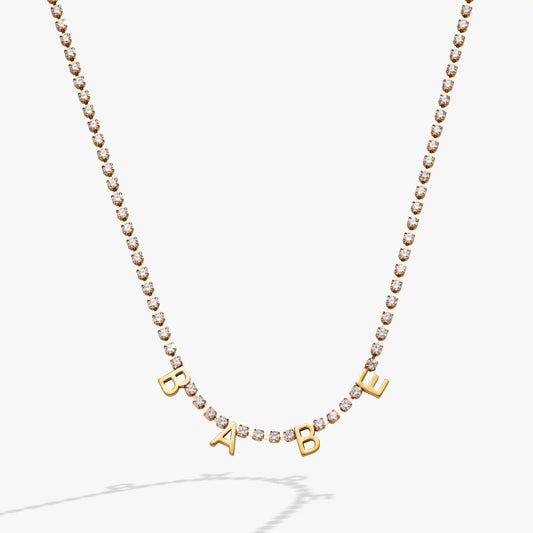 Babe Crystal Tennis Necklace by ALEX AND ANI in gold-tone with pave crystals and BABE charms on Tampa Home & Garden Store