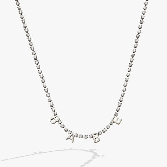 Babe crystal tennis necklace by Alex and Ani with crystal chain and BABE lettering on Tampa Home & Garden Store