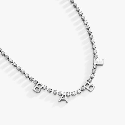 Babe Crystal Tennis Necklace by Alex and Ani with pave diamonds on a silver chain and BABE charms on Tampa Home & Garden Store